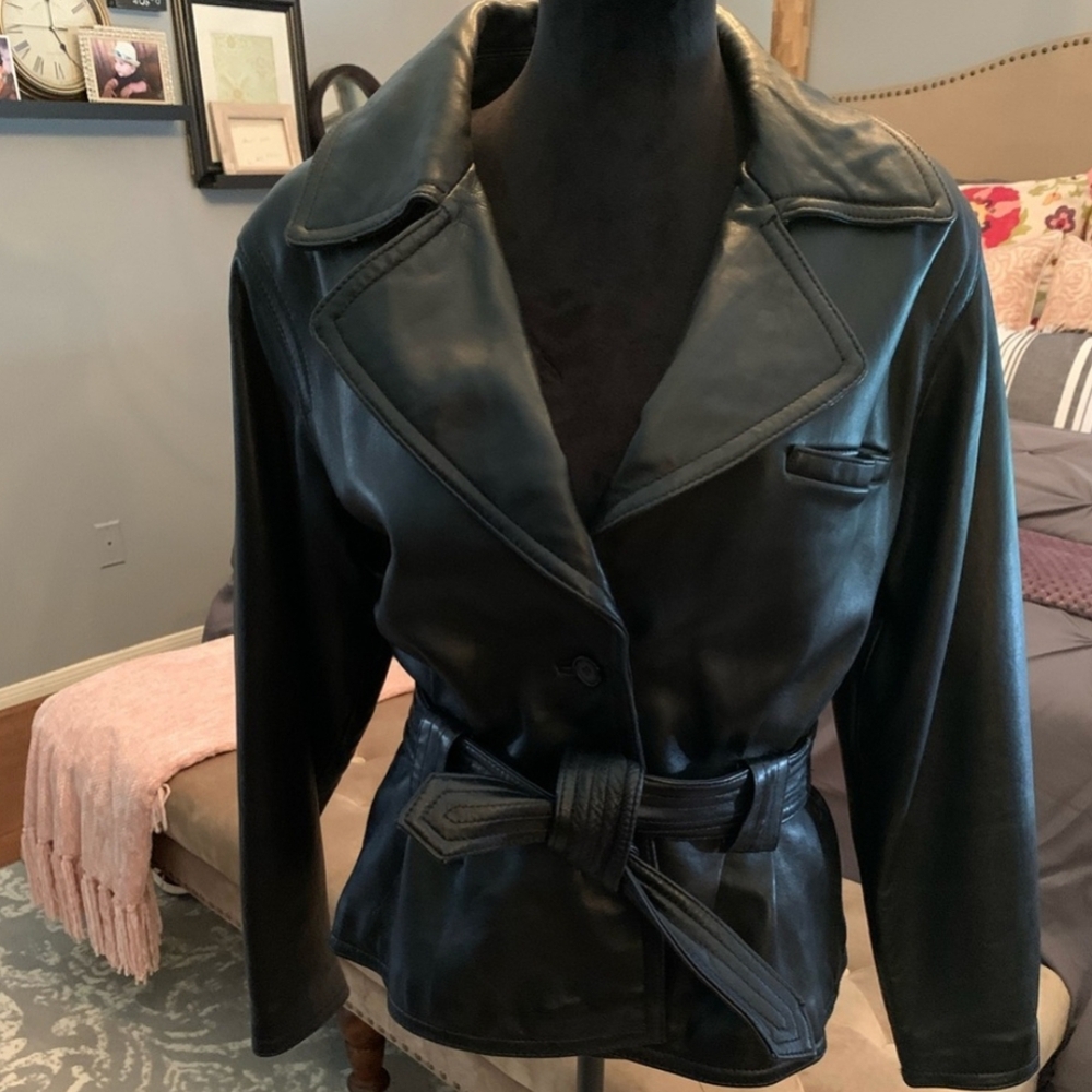 Vintage Black Leather Belted Jacket